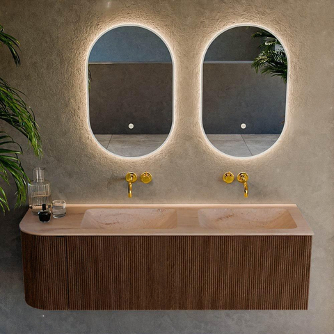 MONDIAZ KURVE-DLUX Meuble de salle de bains 145cm arrondi à gauche couleur Walnut avec 1 tiroir et 1 porte. Lavabo LEAF Double / Droite sans trou de robinet Saba. SW1433194