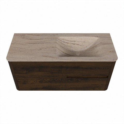 Mondiaz CIRO-DLUX Badkamermeubelset - 110x45x50cm - Solid surface wastafel Saba - 1 wasbak Rechts - zonder kraangaten - 2 lades - Walnut SW1530669