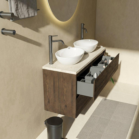 Saniclass Holz Pure Badkamermeubelset - 120x45x63cm - Travertine natuurstenen topblad - 2 kraangaten - 4 lades - mat eiken charcoal (hout) SW1478885
