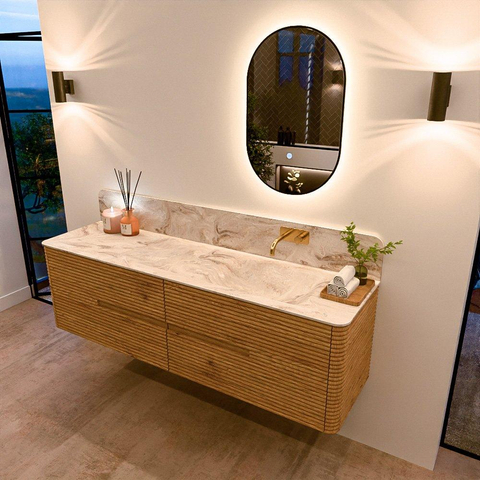 Mondiaz CIRO-DLUX Badkamermeubelset - 170x45x50cm - Solid surface wastafel Frappe - 1 wasbak Rechts - zonder kraangaten - 4 lades - Oak SW1530876