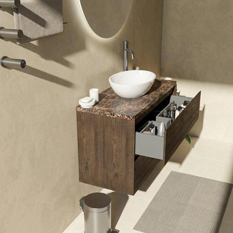 Saniclass Holz Pure Badkamermeubelset - 100x45x63cm - Noche natuurstenen topblad dark emperador - 1 kraangat - 2 lades - mat eiken charcoal (hout) SW1478295