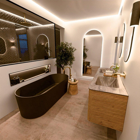 Mondiaz CIRO-DLUX Badkamermeubelset - 160x45x50cm - Solid surface wastafel Sombra - 2 wasbak Dubbel - zonder kraangaten - 4 lades - Oak SW1531270