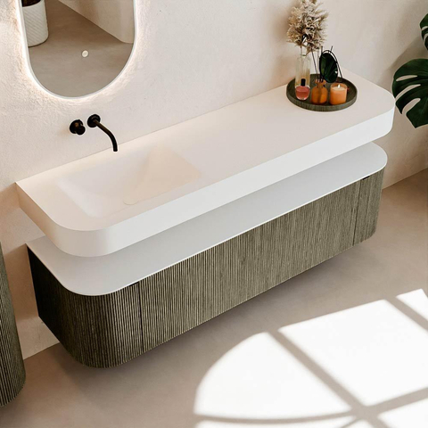 MONDIAZ THOR 170cm meuble de salle de bains arrondi gauche + droite couleur Shadow avec 1 tiroir et 2 portes. Vasque suspendue CLOUD Gauche sans trou de robinet couleur Talc. SW1465521