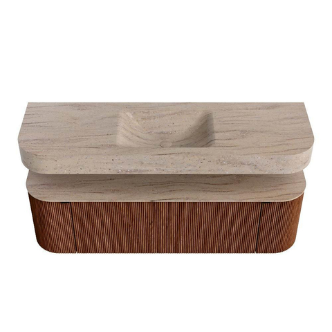MONDIAZ THOR-DLUX 150cm meuble de salle de bains arrondi gauche + droite couleur Ruby avec 1 tiroir et 2 portes. Vasque suspendue CLOUD Milieu 1 trou de robinet couleur Saba. SW1464865