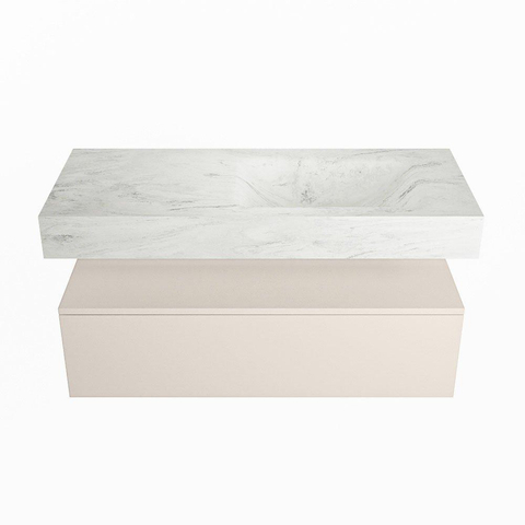 Mondiaz ALAN-DLUX Ensemble de meuble - 110cm - meuble Linen mat - 1 tiroir - Lavabo Cloud Opalo suspendu - vasque Droite - 0 trous de robinet SW806500