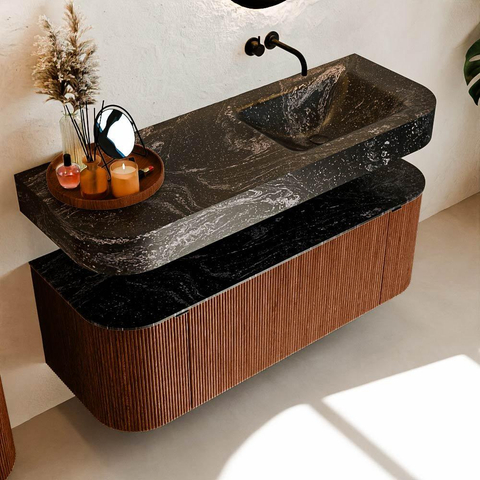 MONDIAZ THOR-DLUX 130cm meuble de salle de bains arrondi gauche + droite couleur Ruby avec 1 tiroir et 2 portes. Vasque suspendue CLOUD Droite sans trou de robinet couleur Lava. SW1463691