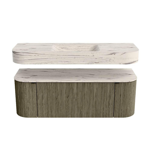 MONDIAZ THOR-DLUX 130cm meuble de salle de bains arrondi gauche + droite couleur Shadow avec 1 tiroir et 2 portes. Vasque suspendue CLOUD Milieu sans trou de robinet couleur Nata. SW1463875