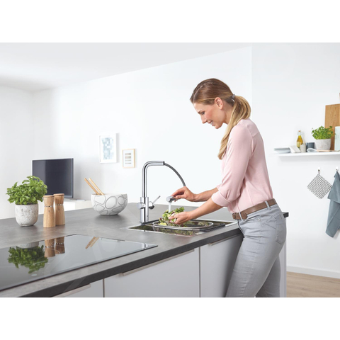GROHE Blue Home Robinet de cuisine - bec en L extractible - monotrou - fonction de filtration - eau plate légère et pétillante - chrome SW236967