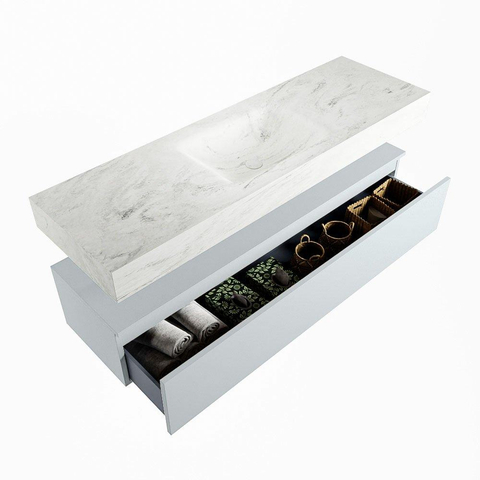 Mondiaz ALAN-DLUX Ensemble de meuble - 150cm - meuble Clay mat - 1 tiroir - Lavabo Cloud Opalo suspendu - vasque Centre - 1 trou de robinet SW806785