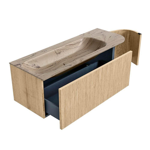 MONDIAZ KURVE-DLUX Meuble de salle de bains 125cm arrondi à droite couleur Chêne avec 1 tiroir et 1 porte. Lavabo BIG MEDIUM à gauche sans trou de robinet Arena. SW1431093