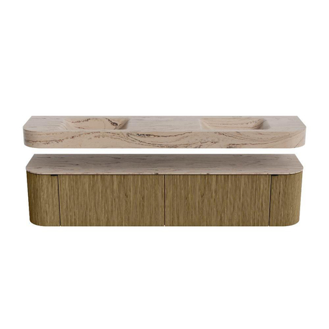 MONDIAZ THOR-DLUX 200cm meuble de salle de bains arrondi gauche + droite couleur Dusk avec 2 tiroirs et 2 portes. Vasque suspendue CLOUD Double 2 trous de robinet couleur Arena. SW1467085