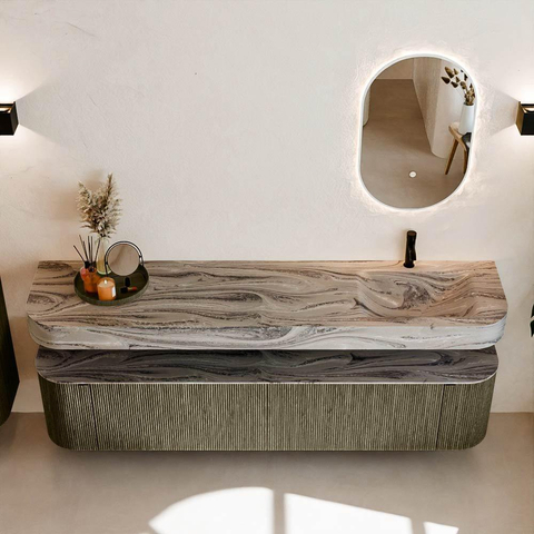 MONDIAZ THOR-DLUX Meuble de salle de bains - 200cm - arrondi gauche + droite - couleur Shadow - 2 tiroirs et 2 portes - Vasque suspendue CLOUD Droite 1 trou de robinet couleur Sombra SW1467294