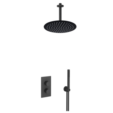 FugaFlow Eccelente Acces Ensemble de douche de tête encastré - thermostatique - bras de plafond - douche de tête 30cm - douchette à barre - flexible de douche métallique - noir mat SW1450495