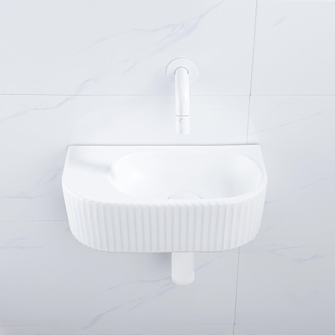 QeramiQ Fuente pack lave-mains – demi-rond – 40 x 21,5 x 12 cm – céramique blanc mat – robinet blanc mat – cannelé SW1233095