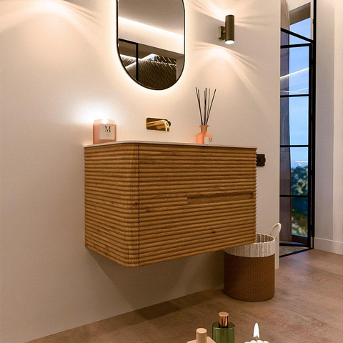 Mondiaz CIRO-DLUX Badkamermeubelset - 80x45x50cm - Solid surface wastafel Meli - 1 wasbak Midden - zonder kraangaten - 2 lades - Oak SW1531374