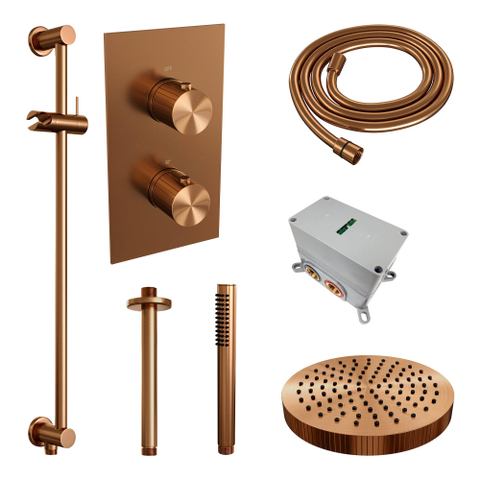 BRAUER Stripe Thermostatische Inbouw Regendouche - 3-weg - rechthoekig - SET 21 - 25cm douchekop - plafondarm - staaf handdouche - doucheslang - geïntegreerde glijstang - koper geborsteld PVD SW1434928