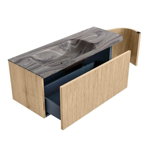MONDIAZ KURVE-DLUX Meuble de salle de bains 115 cm arrondi à droite couleur Chêne avec 1 tiroir et 1 porte. Lavabo BIG SMALL à gauche sans trou de robinet Sombra. SW1433553