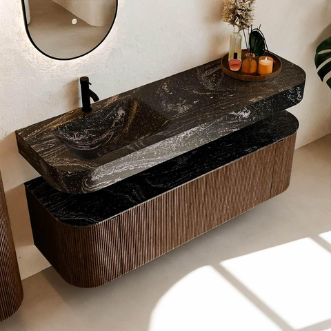 MONDIAZ THOR-DLUX 150cm meuble de salle de bains arrondi gauche + droite couleur Walnut avec 1 tiroir et 2 portes. Vasque suspendue CLOUD gauche 1 trou de robinet couleur Lava. SW1464635