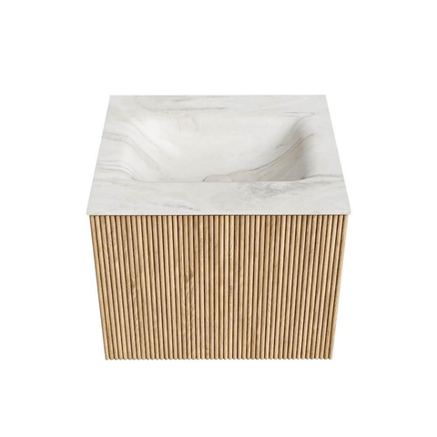 MONDIAZ KURVE-DLUX Meuble de salle de bains 50 cm couleur Oak avec 1 tiroir. Lavabo GRUNNE central sans trou de robinet couleur Ostra. SW1137707