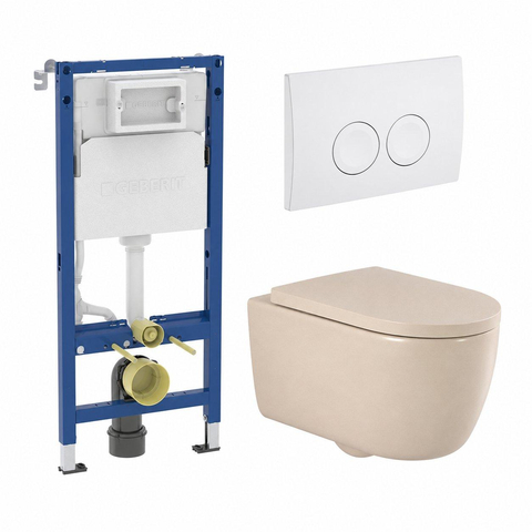 QeramiQ Dely Swirl Toiletset - 36.5x53cm - Geberit UP100 inbouwreservoir - 35mm zitting - witte bedieningsplaat - ronde knoppen - mat beige SW1138601