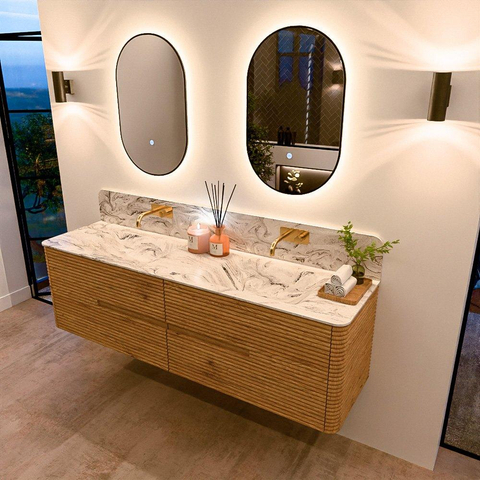 Mondiaz CIRO-DLUX Meuble de salle de bains - 170x45x50cm - Plan-vasque Solid surface Glace - 2 vasques Double - sans trous de robinet - 4 tiroirs - Chêne SW1533781