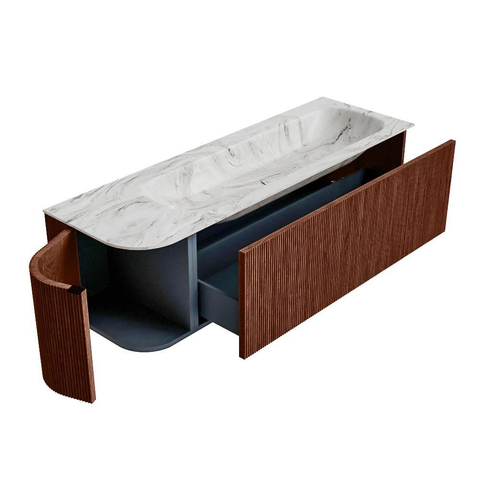 Mondiaz KURVE-DLUX Badkamermeubelset - 145x46x40cm - 1 lade - 1 deur - wastafel solid surface - rechts - 2 kraangaten - Ruby SW1415957