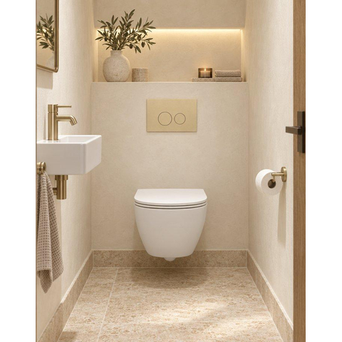 QeramiQ Dely Swirl Compact Toiletset - inbouwreservoir QeramiQ flush - slim zitting - kuststof beige bedieningsplaat - ronde knoppen - mat wit SW1590790