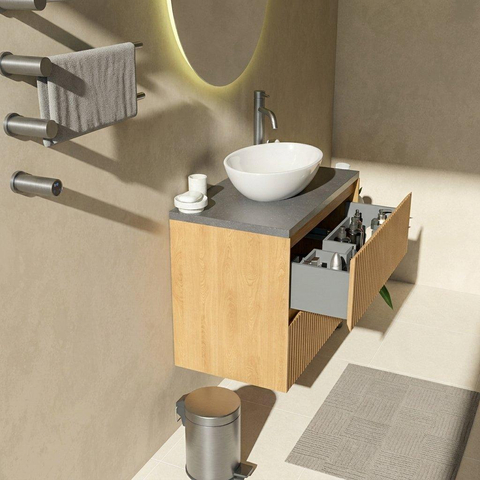 Saniclass Holz Atelier Badkamermeubelset - 80x45x63cm - Noche basalten wastafelblad gepolijst (zwart) - 1 kraangat - 2 lades - mat eiken natural (hout) SW1478545