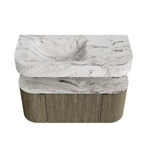 MONDIAZ THOR-DLUX 100cm meuble de salle de bains arrondi gauche + droite couleur Shadow avec 1 tiroir et 2 portes. Vasque suspendue CLOUD Gauche 1 trou de robinet couleur Glace. SW1467444