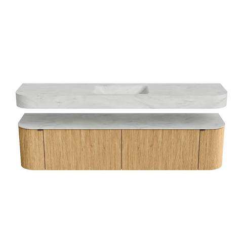 MONDIAZ THOR-DLUX 190cm badmeubel ronding links + rechts kleur Oak met 2 lades en 2 deuren. Vrijhangende wastafel CLOUD Midden 1 kraangat kleur Opalo. SW1466408