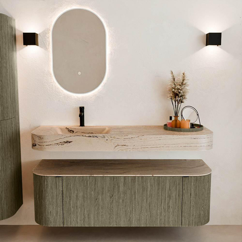 MONDIAZ THOR-DLUX 140cm meuble de salle de bains arrondi gauche + droite couleur Shadow avec 1 tiroir et 2 portes. Vasque suspendue CLOUD Gauche 1 trou de robinet couleur Arena. SW1464360