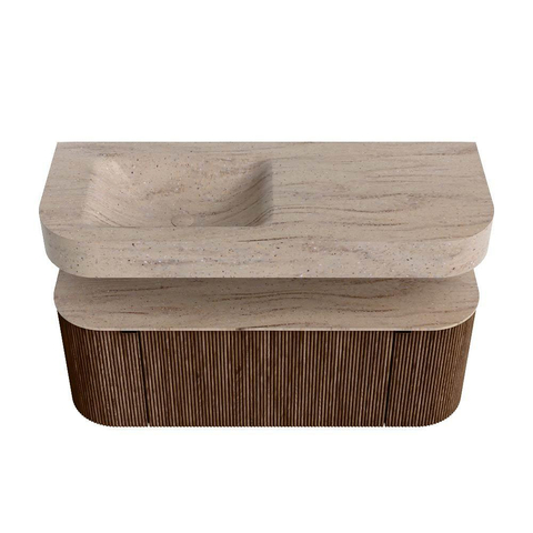 MONDIAZ THOR-DLUX 120cm badmeubel ronding links + rechts kleur Walnut met 1 lade en 2 deuren. Vrijhangende wastafel CLOUD Links 1 kraangat kleur Saba. SW1463455