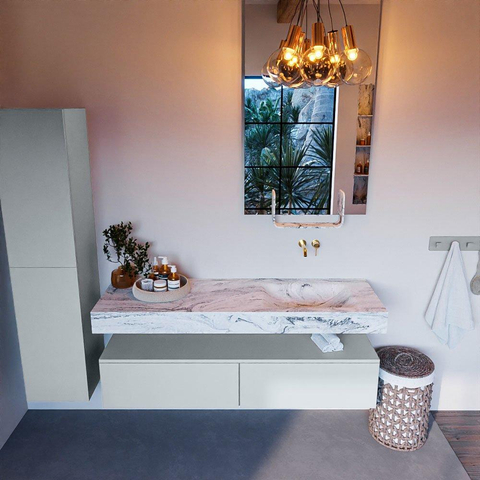 Mondiaz ALAN-DLUX Ensemble de meuble - 150cm - meuble Clay mat - 2 tiroirs - Lavabo Cloud Glace suspendu - vasque Droite - 0 trous de robinet SW806320