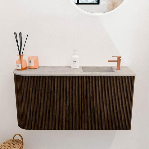 Mondiaz JOYA-DLUX Meuble de toilette 81,6 cm - arrondi gauche couleur Noyer - Vasque FAYE position Droite 1 trou de robinet couleur Glace SW1422383