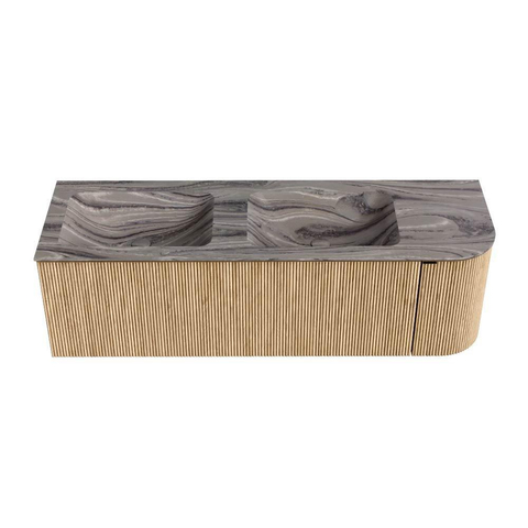 MONDIAZ KURVE-DLUX Meuble de salle de bains 145cm arrondi à droite couleur Chêne avec 1 tiroir et 1 porte. Lavabo LEAF Double / Gauche 2 trous de robinet Sombra. SW1433592