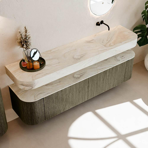 MONDIAZ THOR-DLUX 190cm meuble de salle de bains arrondi gauche + droite couleur Shadow avec 2 tiroirs et 2 portes. Vasque suspendue CLOUD droite sans trou de robinet couleur Ostra. SW1466578