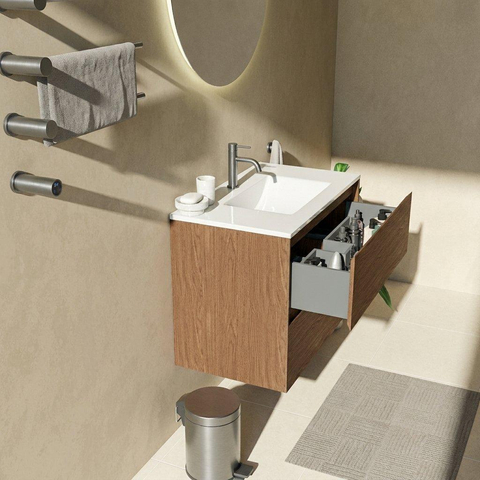 Saniclass Holz Pure Badkamermeubelset - 80x45x62cm - Vygo keramische wastafel - 1 wasbak - 1 kraangat - met overloop - 2 lades - mat walnut pure (hout) SW1593909