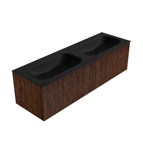 MONDIAZ KURVE Meuble de salle de bains 150 cm couleur Walnut avec 2 tiroirs. Lavabo BIG SMALL double sans trou de robinet Urban. SW1138538
