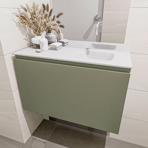 MONDIAZ OLAN Toiletmeubel 80x30x40cm met 0 kraangaten 1 lades army mat Wastafel Lex rechts Solid Surface Wit SW473315