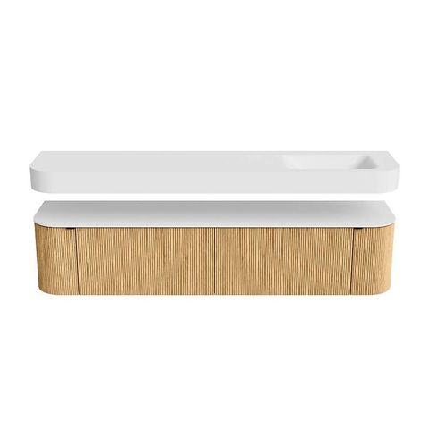 MONDIAZ THOR Meuble de salle de bains 200cm arrondi gauche + droite couleur Oak avec 2 tiroirs et 2 portes. Vasque suspendue CLOUD Droite 1 trou de robinet couleur Talc. SW1466936