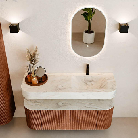 MONDIAZ THOR-DLUX 130cm meuble de salle de bains arrondi gauche + droite couleur Ruby avec 1 tiroir et 2 portes. Vasque suspendue CLOUD Droite 1 trou de robinet couleur Ostra. SW1463751