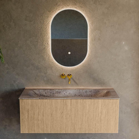 MONDIAZ KURVE-DLUX 110cm badmeubel kleur Oak met 1 lade en 0 deuren. Wastafel BIG MEDIUM Midden zonder kraangat Oza. SW1432638