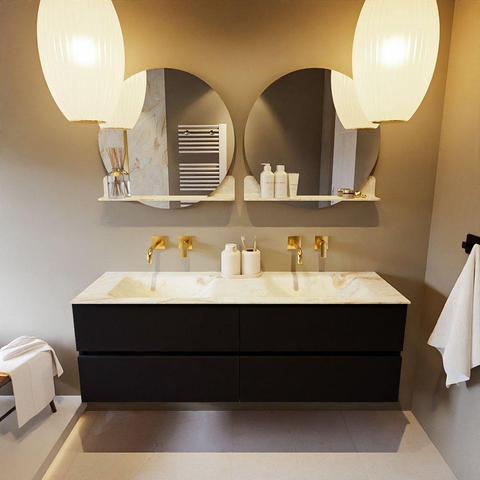 MONDIAZ VICA-DLUX Ensemble meuble de salle de bains - 150cm - meuble bas Urban - 4 tiroirs - vasque encastrée Cloud double - sans trous de robinet - version haute 60cm - Frappe SW1088693