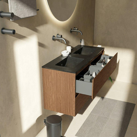 Saniclass Holz Pure Badkamermeubelset - 120x45x62cm - Vygo keramische wastafel zwart - 2 wasbakken - zonder kraangaten - 4 lades - mat walnut pure (hout) SW1478987