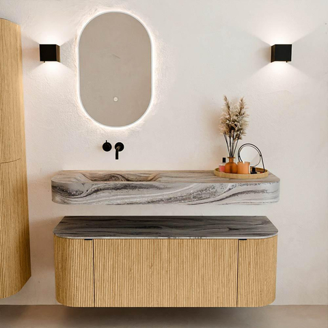 MONDIAZ THOR-DLUX 130cm badmeubel ronding links + rechts kleur Oak met 1 lade en 2 deuren. Vrijhangende wastafel CLOUD Links zonder kraangat kleur Sombra. SW1464052