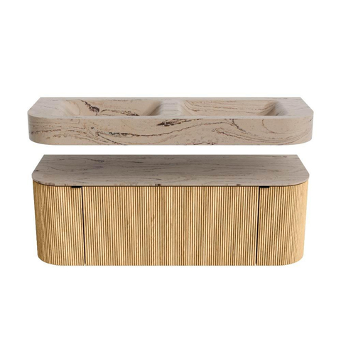 MONDIAZ THOR-DLUX 130cm meuble de salle de bains arrondi gauche + droite couleur Oak avec 1 tiroir et 2 portes. Vasque suspendue CLOUD Double 2 trous de robinet couleur Arena. SW1463781