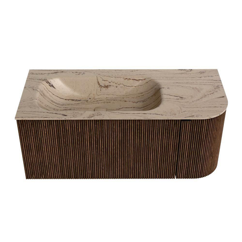 MONDIAZ KURVE-DLUX Meuble de salle de bains 105cm arrondi à droite couleur Walnut avec 1 tiroir et 1 porte. Lavabo BIG SMALL à gauche sans trou de robinet Arena. SW1431191