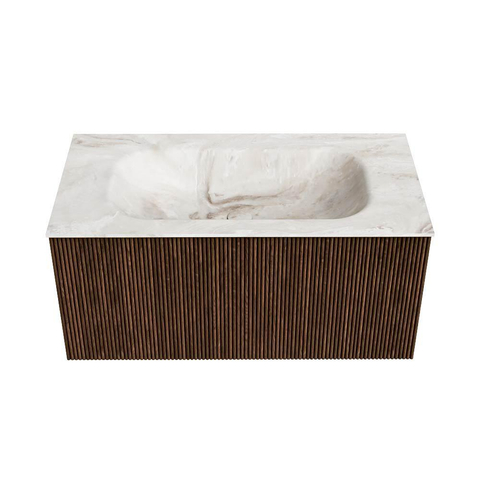 MONDIAZ KURVE-DLUX Meuble de salle de bains 90 cm couleur Walnut avec 1 tiroir. Vasque BIG SMALL centrale 1 trou de robinet couleur Frappe. SW1137459