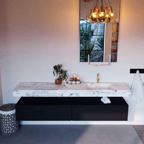 Mondiaz ALAN-DLUX Ensemble de meuble - 200cm - meuble Urban mat - 2 tiroirs - Lavabo Cloud Glace suspendu - vasque Droite - 1 trou de robinet SW805686