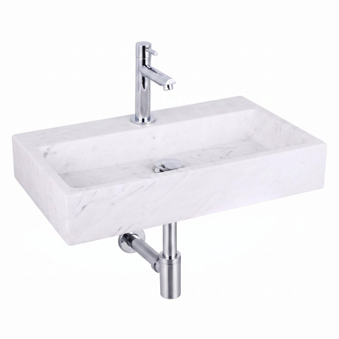 FugaFlow Eccelente Pietra ensemble de lavabo - 38x24x8cm - 1 trou de robinet - marbre - robinet de lavabo chrome - blanc SW1469172